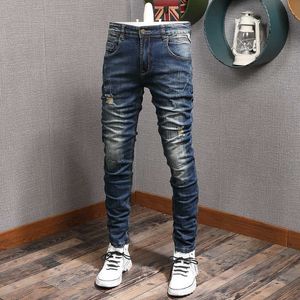 Włoski styl Moda Mężczyźni Jeans Elastyczne Slim Fit Retro Blue Ripped Dżinsowe Spodnie Hombre Vintage Designer Splotce Hip Hop Spodnie