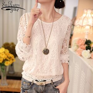 2021 Fashion Summer Vit Lace Damkläder Långärmad Chiffong Kvinnor Blusar Blusas Svart Kvinnors Toppar Blus 210302