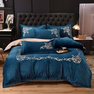 Zestawy pościelowe Solid Color Haft Winter Soft Fleece Grube Zestaw Duvet Pokrywa Pościel Dopasowane prześcieradła Poszewki Home Tekstylia