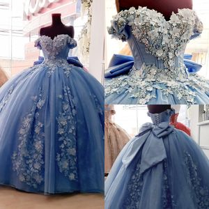 Dusty Blue 2022 Ball Gown Quinceanera Klänningar Lace Appliqued Off The Shoulder Beaded Prom Gowns Sweep Train Tulle Sweet 15 Masquerad Klänning