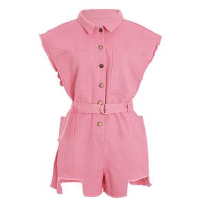 PERHAPS U Pink Green Denim Turn Down Collar Sleeveless Tank Playsuits Single-breasted Sash Loose Wide Leg Jumpsuit Summer J0097 210529