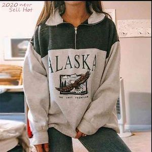 Women Sweatshirts Vintage Streetwear Alaska Letter Printed Hoodies Women Loose Sweatshirt Plus fleece Keep Warm 210909