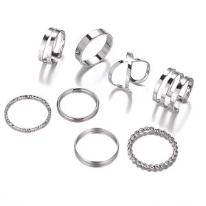 7pcs Fashion Punk Joint Ring Set Geometric Twist Minimalist Jewelry Metal Circular Silver Golden Rings for Women Street Dance Accessories