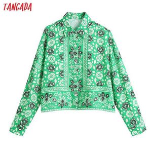 Tanga Kobiety Zielony Kwiatowy Druku Przycięte Bluzki Vintage Z Długim Rękawem Button-Up Koszulki Chic Topy Be940 210609