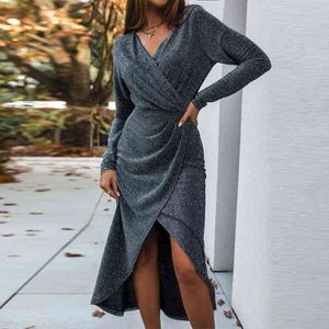 ファッションシルク光沢のあるスパンコールの女性のドレス春の秋の手作りの長袖マキシドレスレディーセクシーなVネックラップスプリットソリッドパーティードレスY1204