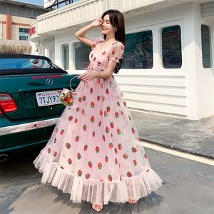 Sweet Strawberry Sequined Embroidery Cascading Ruffle Maxi Dress Women Summer V-neck Puff Sleeve Bow Pink Tulle Mesh Long Dress 210309