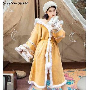 Gypsy Woolen Women Coats and Jackets Winter Boho Yellow Hooded Coat Keep Warm Autumn Lace-up Cardigan Vintage 210603