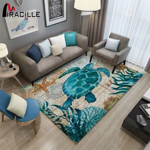 Miracille Big Tartaruga 3D Imprimir Grande tapete Marinho série animal série tapetes para sala de estar antiderrapante esteira home decorativo pad 210301