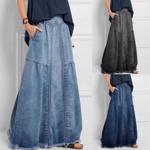 Saias Denim Jeans Mulheres Saia Longa Stretch Vintage Solto Slim Fit Blue Club Streetwear Algodão Harajuku Plus Size