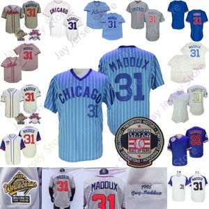 Greg 31 Maddux Vintage Jersey 1995 WS Gri Beyaz Bebek Mavisi Çizgili Oyuncu Cooperstown Kazak Onur Listesi Yama Boyutu S-3XL