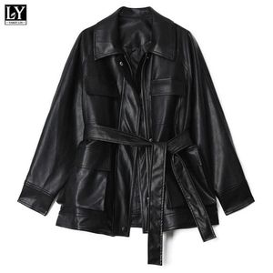 LY Varey Lin Kobiety Faux Soft Leather Luźne Kurtki Vintage Medium Long Single Breasted Sash Wiązanie Czarne Punk Płaszcze 210526