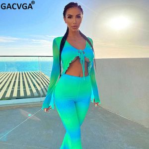 Gacvga Bandage Langarm Two Piece Set Frauen Sexy Crop Top + Wide Beinhose Party Clubwear Flasche Hosen Passende Outfits X0709