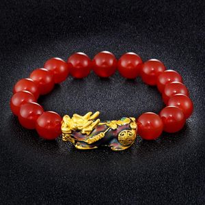 Strand pärlstav strängar gyllene pixiu armband för kvinnor män röda pärlor stenpar ger lycklig modig rikedom feng shui armband unisex