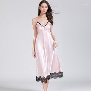 Seda de seda longa camisola para mulheres espaguete cintas de nightgown cetim sleepwear senhoras sexy lace franja vestido nightie homewear1
