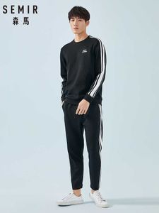 Semir Set Мужчины 2019 Весна и осень Новые круглые шеи пуловер печатные толстовки контрастные цветные полосатые брюки спортивные одежды Set X0909