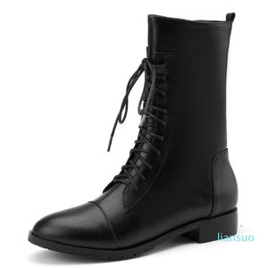 Stiefel Echtes Leder Knöchel Frauen 2021 Winter Kurze Mode Schnürung Schwarz Weiß Damenschuhe Große Größe 46 48