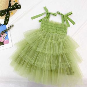 Summer Sling Girl Fashion Pink Green Dress Party Dress For Baby Girls Mesh Bambini Abiti per bambini Fluffy Ball Gown Abiti casual Q0716