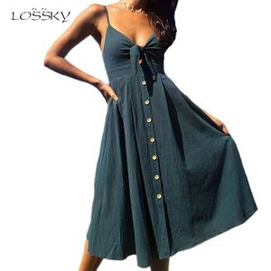 Lossky Sexy Backless Polka Dots Imprimir Praia Verão Vestido Mulheres 2020 Profundo V Neck Boho Vestidos Midi Vermelho Branco X0521