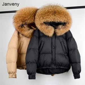 Janveny Huge Raccoon Fur Hooded Winter Puffer Down Coat Women 90% White Duck Jacket Short Thick Warm Female Parkas Outwear 211216