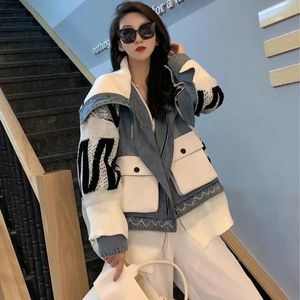 Jaquetas Femininas 2021 Moda Lapel All-Match Winter Jacket Mulheres Oversized manga comprida de malha patchwork Denim Solto