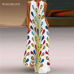 Wayoflove Peacock Feather Stripe Print Dress Casual Holiday Beach Långa Klänningar Sommar Kvinna Ärmlös Oversize Dress Women 210602