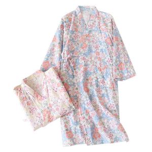 Fresh Kimono Robes Kvinnor 100% Gaze Bomull Söt Tecknad Långärmad Japansk Robe Mysig Sommar Kimono Badrockar Kvinnor 210901