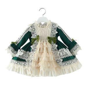 Baby Girl Långärmad Spansk Vintage Princess Ball Gown Toddler Lolita Dress for Christmas Party Green Vestidos 210615