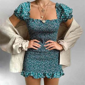 Retro Zielony Kwiatowy Druku Moda Lato Kobiety Sundress Mini Suknie Puff Rękaw Square Collar Sexy Ruffles Party Dress 210623