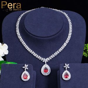 Earrings & Necklace Pera Classic Flower Bridal Wedding Party Jewelry Set CZ Stone Big Red Water Drop Pendant Sets For Women J0183