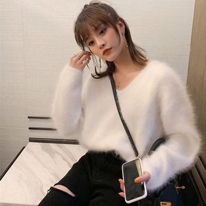 Women Ladies Sweaters and Pullovers Pure 100% Mink Cashmere Knitted Pullover Angora Fluffy JNS002 201031