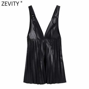 Zevity Women Vintage Deep V Neck Faux Läder Pläterad Vest Kjol Justerbar Straps Casual Mini Dress Chic Vestido Mujer DS4838 210603