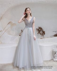 New Sexy Deep V-Neck Sequins A-Line Formal Evening Dresses 2021 Beading Short Sleeve Tulle Lace Up Floor-Length Cocktail Prom Party Gowns 09
