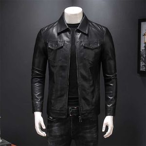 Svart faux läderjackor män mode affärer windbreaker vända ner krage multi-pocket casual smal passform biker kläder man 211111