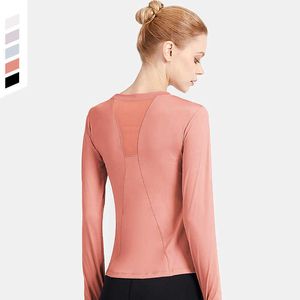 Sport Lu Lu Lon Long Sleeve T-Shirt Frauen Mesh Rücken Fitness Yoga-Anzug schlanker runder Nacken Schnell trocken laufende Haken Finger Top atmungsaktiv