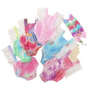 Småbarns flickor Jumpsuits Lace Ärmlös Solid Pit Strip Camisole Suspender Vest Tops Triangle Shorts med huvudband Baby Rompers ZYY728