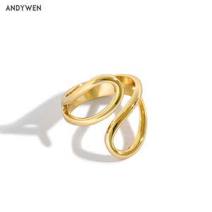 Andywen 925スターリングシルバーの幾何学的不規則なオープンバングル調節可能なリング女性ファッションファッションファインジュエリーのためのパーティー210608
