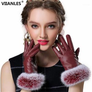 Черные искусственные кожаные перчатки женщины мода леди зимние варежки теплые меховые женские губанти полные пальцы перчатки1