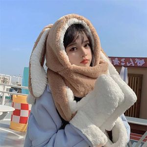 Sweet Cartoon Rabbit Ear Hat Cute Winter Gift Windproof Scarf and Gloves Set Thick Hoodies with Mitten 211119