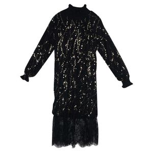 PERHAPS U Autumn Winter Stand Collar Black Pink White Sequined Tassel Stitching Lace Long Sleeve Knee Length Dress D0897 210529