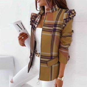 Spring Autumn Elegant Stand Collar Lattice Outerwear Casual Women Fashion Zip Plaid Coat Jacket Ruffle Long Sleeve Cardigan Top 211014