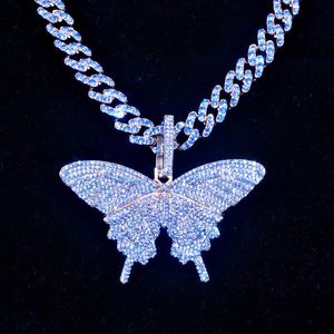 Wholesale sapphire butterfly necklace resale online - Pendant Necklaces Fashion Silver Color mm Cuban Link Chain Big Butterfly Necklace Women Charm Iced Sapphire Hip Hop Choker Jewelry Gift