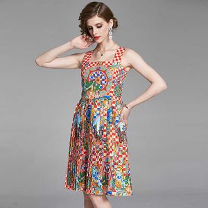 Sommer Runway Vintage Rad Plaid Print Spaghetti Strap Kleid frauen Luxus Ärmellose Hohe Taille Plissee Kurze 210529