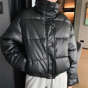 冬の厚いと暖かいパーカーコート女性のファッションブラックPUレザーエレガントなジッパーコットンジャケットレディース211011