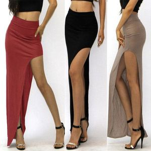 Etekler Kadınlar Seksi Moda Katı Yüksek Belirli Yan Düzensiz Açık Maxi Elbise Uzun Etek