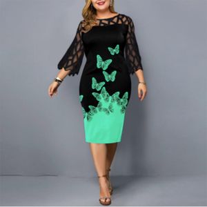 Plus Size Sukienki Kobiety Dress Jesień Elegancki Zielony Butterfly Print Casual Ladies Siatki Sleeve Wedding Party XL XL XL