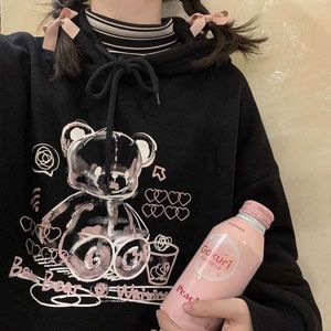 Kore Ulzzang Ayı Sevimli Kadın Hoodies Tişörtü Gevşek Hip Hop Streetwear Tops Vintage Punk Rahat Harajuku Kadın Giyim 210928