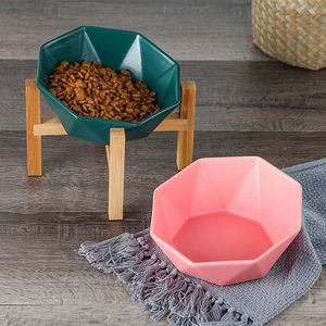 Pet Food Water Feeder White with Stand Ceramic Tilted Elevated Raised Pet Bowl with Bamboo Stand for Cats and Dogs No Spill 250ML