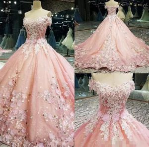 Pink Quinceanera Dresses 2022 Newest 3D Floral Applique Handmade Flowers Beaded Off the Shoulder Short Sleeves Prom Formal Evening Ball Gown PRO232