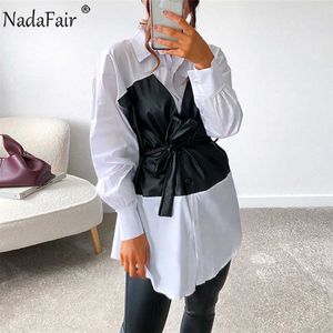 Nadafair PU Leather Patchwork Mini Sexy Dress Kobiety 2021 Nowa A-Line Turn-Down Collar Długie Rękaw Kobiety Sukienka Dorywczo Y1006