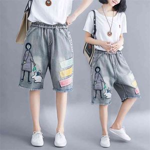 5176 kvinnor sommar streetwear elastisk hög midja tecknad broderi söt koreansk stil dam kvinnlig överdimensionerad lösa denim shorts 210719